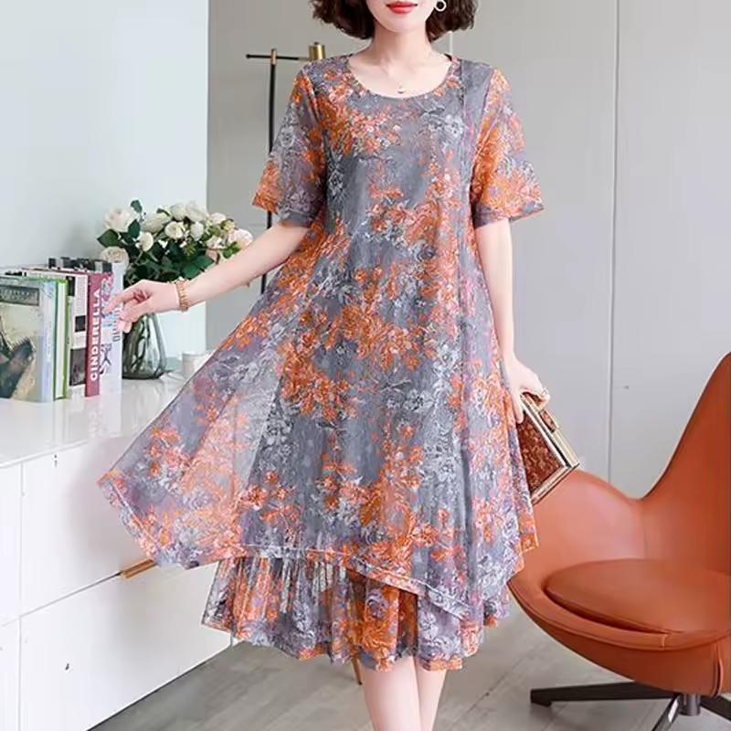 Women's Temperament Summer Dress Plus Plus Size Short Sleeved Mesh Dress for Middle-aged Women, Loose Casual Elegant Dress