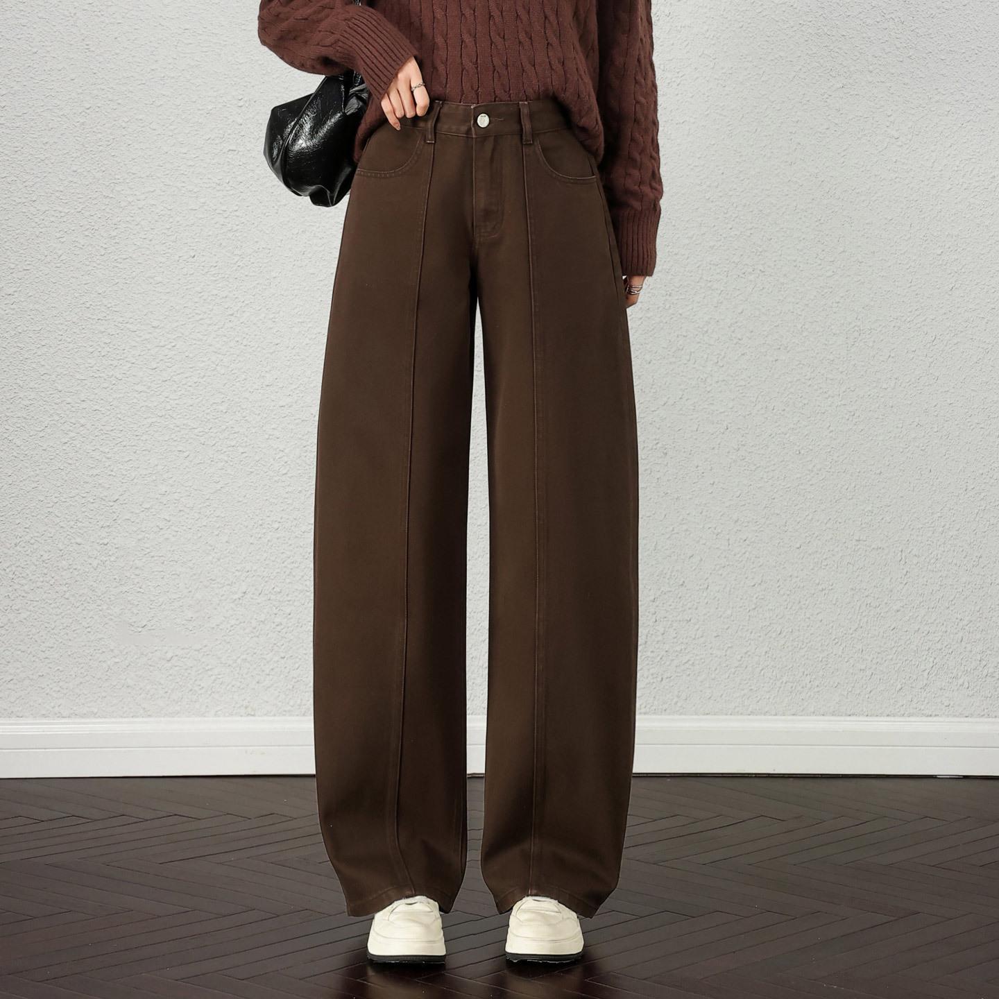 

Жіночі джинси з високою посадкою, коричневі, кльош, широкі штанини - Вільний стиль, що приховує стегна та робить фігуру стрункішою M кавовий