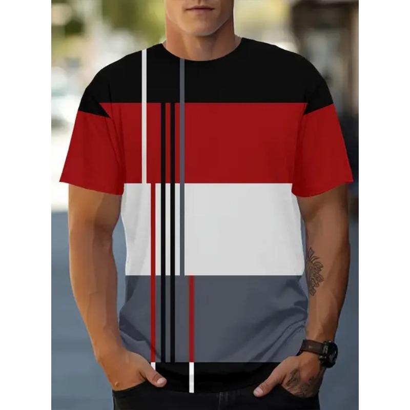 Pánské ležérní pruhované tričko s digitálním 3D potiskem, kulatým výstřihem a krátkým rukávem, ideální letní a ležérní oblečení