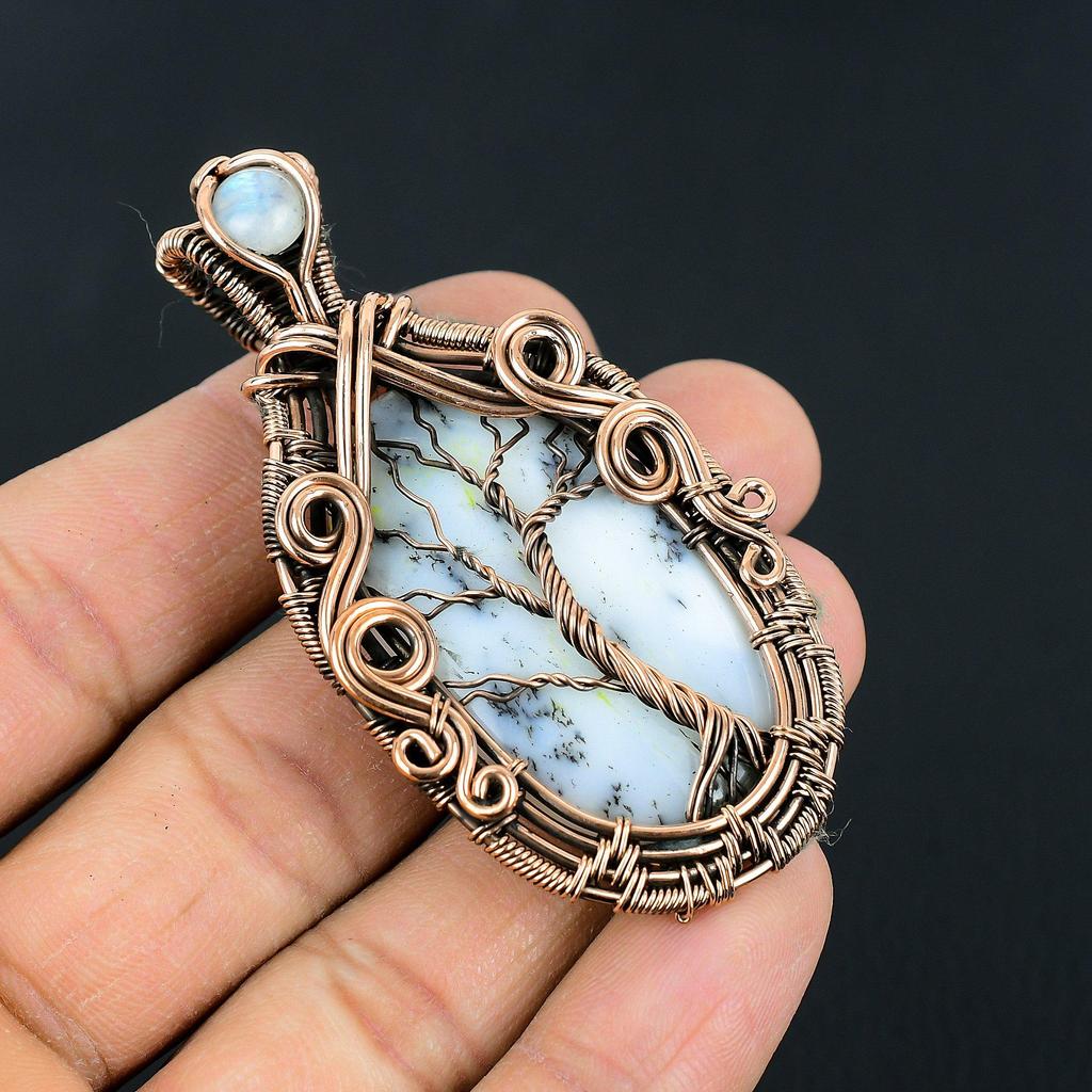 Handmade Tree of Life Copper Wire Wrapped Pendant Dendritic Opal & Moonstone Gemstone Pendant Jewelry for Women