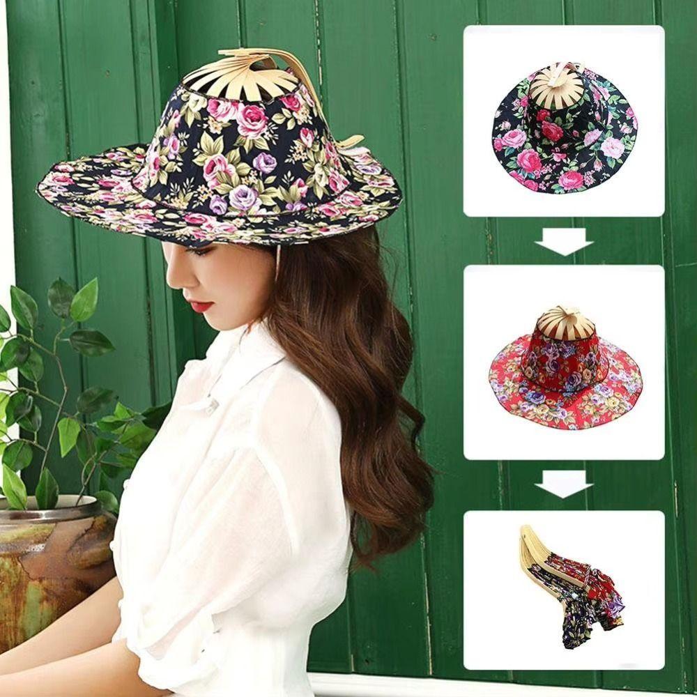 Wide Brim Folding Fan Hat Floral Printed Bamboo Sunscreen Cap Women Sunhat Fan Sun Hats  Beach