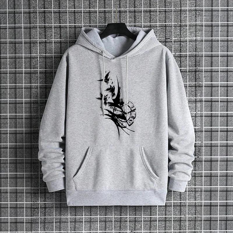 2025 Male Trendy Casual Winter Hoody Outerwear Ancient Raven Pattern Mens Hoodies Urban Streetwear Hip Hop Hooded Sweatshirt