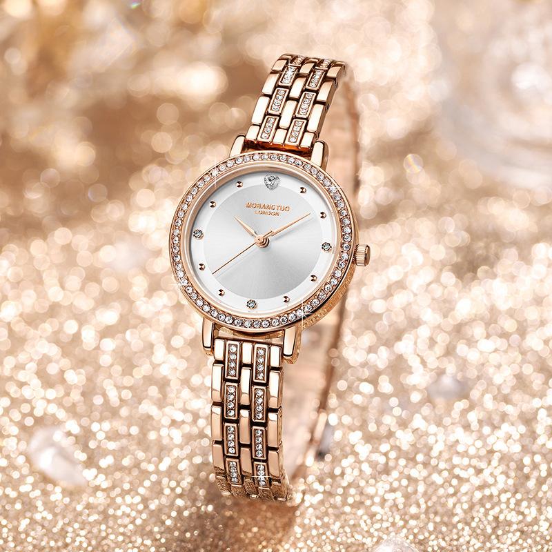 Damenuhr mit diamantbesetztem Stahlband, modisch, luxuriös, schlicht, mit Farbverlauf, doppellagiges Perlmutt-Zifferblatt, wasserdichte Quarzuhr