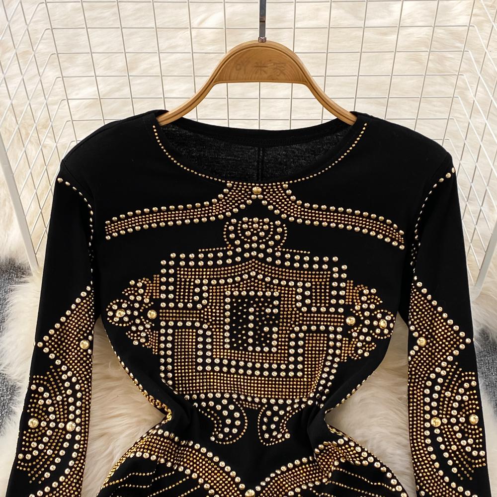 Autumn and Winter European and American Light Luxury Temperament Round Neck and Diamonds Waist and Hip Bottoming Dress