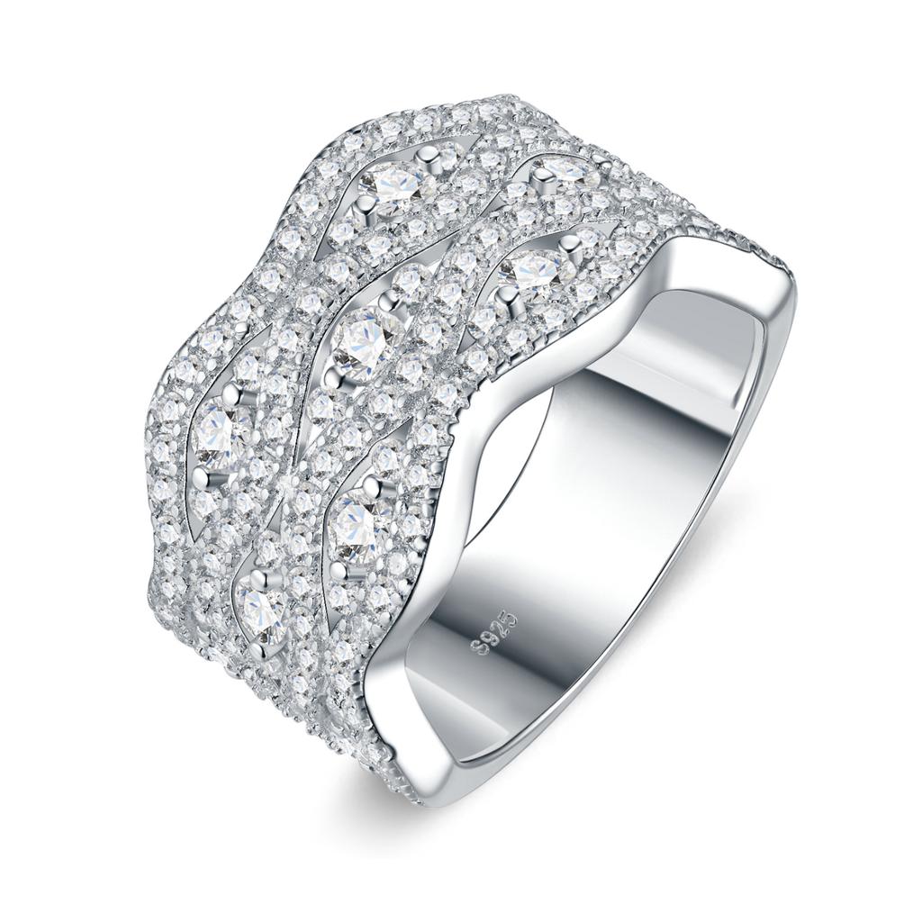 Luxury Wavy Wide Band S925 Silver VVS Round Brilliant Cut Multi-Layer Mixed Prong Pave GRA Certified Minimal Moissanite Ring