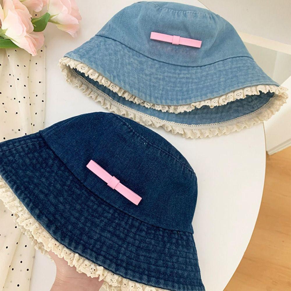 Y2K Lace Fisherman Hat Big Brimmed Bow Sunscreen Hat Fashion Denim Bucket Hat  Girls