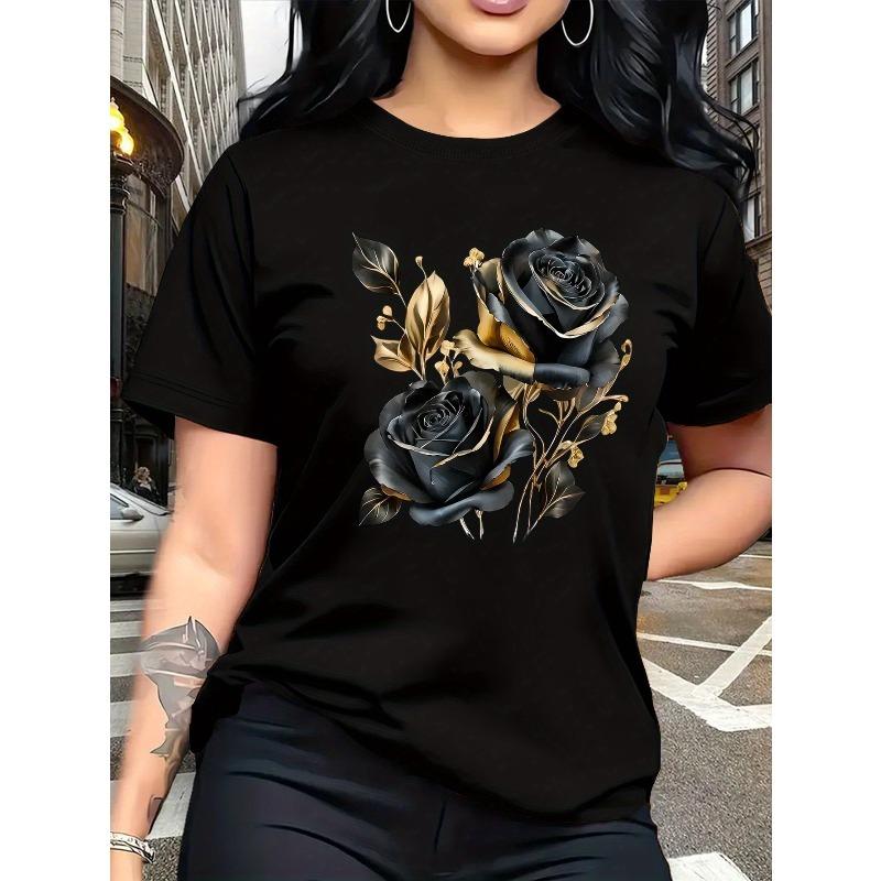 [Vintage Rose T-Shirt] A Stylish And Breathable T-Shirt Featuring a Luxurious Vintage Design with a Black And Golden S белый