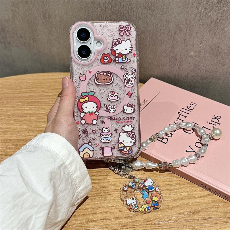 KT Cartoon Glitter Magnetic Phone Case for iPhone 17 Pro Max, 16 Pro, 15 Pro