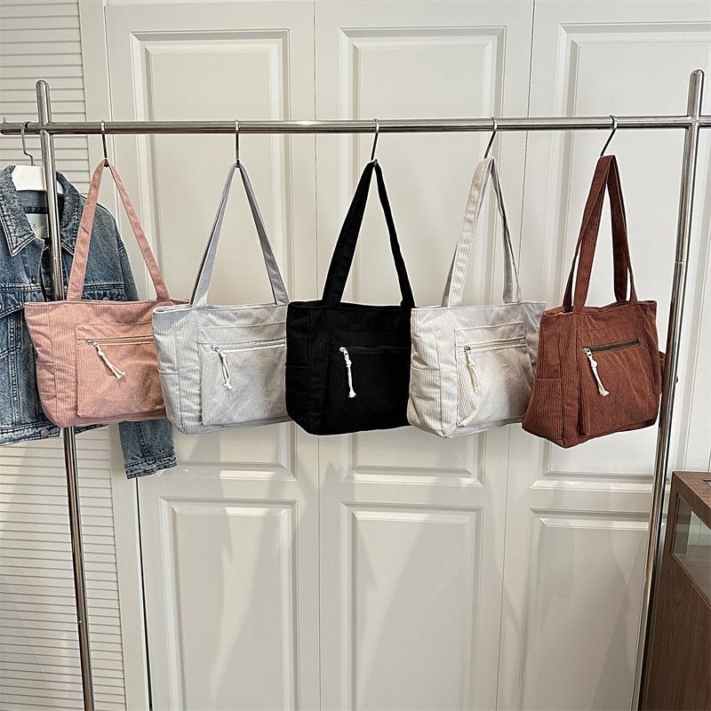 Simple Corduroy Tote Bag, Solid Color Shoulder Bag, Retro Multi Pockets Handbag for School Work Shopping Gift