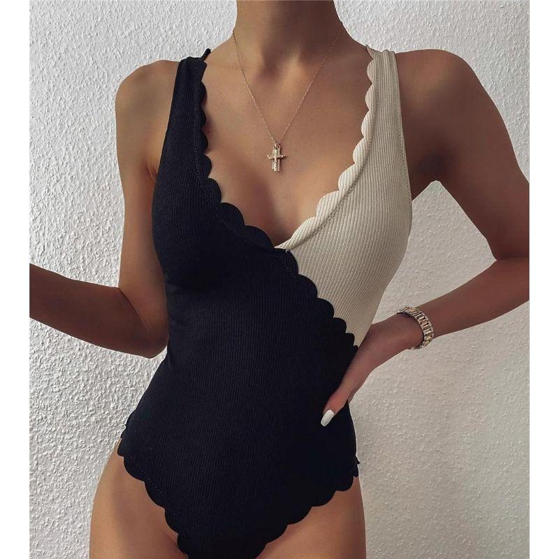 

European and American Wavy Sexy V-neck Stitching Bodysuit Apricot color M