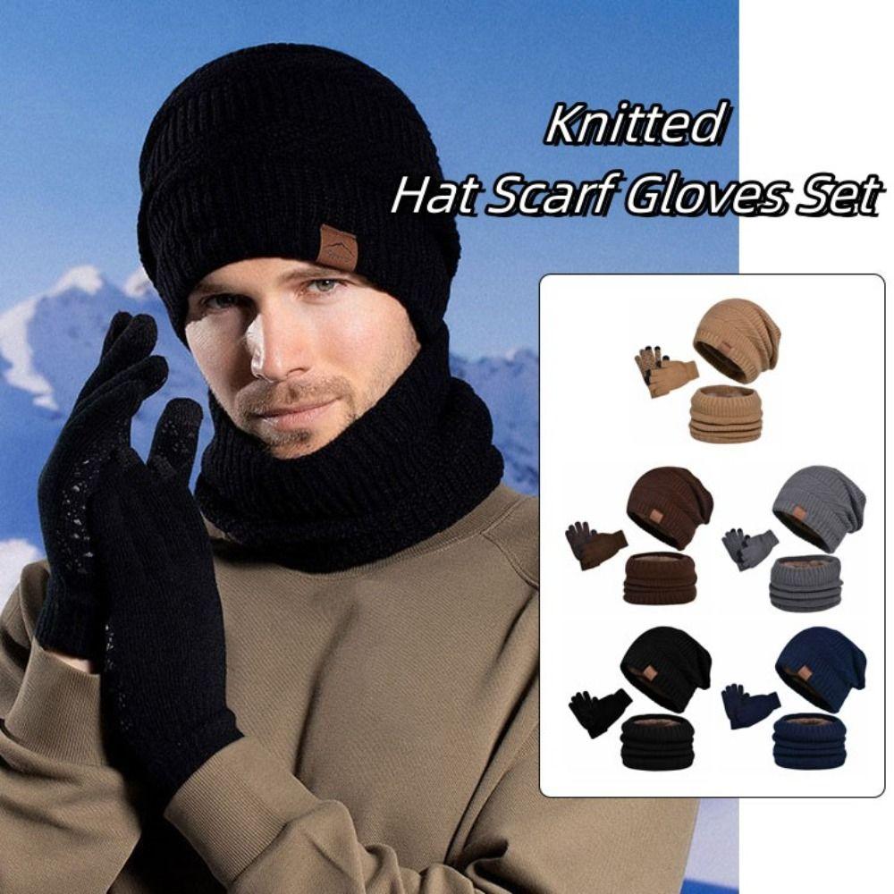 3pcs Warm Hat Scarf Gloves Set Solid Color Winter Beanie Hat Hiking Thermal Knit Cap  Cold Weather