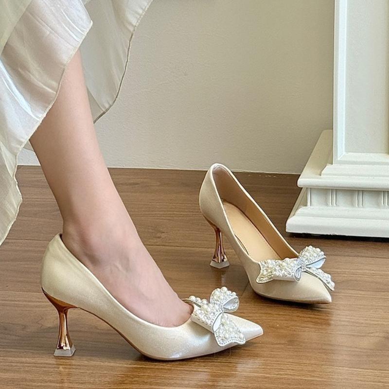 2026 Pearl Rhinestone Bow Stiletto Single Shoes Autumn New Pointed Toe Shallow Mouth Slip-on Non-Slip Wear-Resistant High Heels