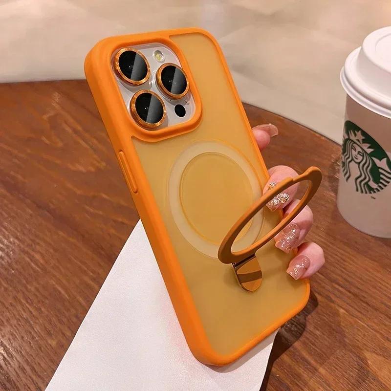 Matte Handyhülle mit Ringhalter und Glaslinsenschutz für iPhone 17 16 15 14 13 12 11 Pro Max Für Magsafe Kabelloses Magnetisches Hartes Bumper Cover