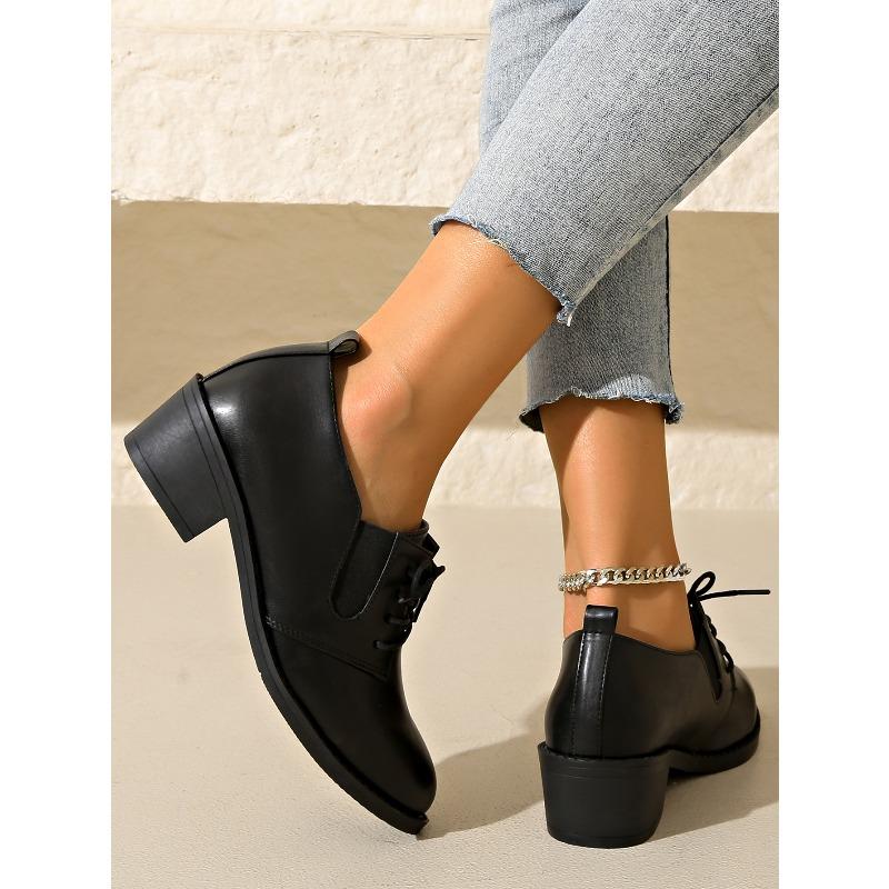 Fall 2025 New Thick-heeled Low-top Single Shoes Women's Plus-size Lace-up Retro Leather Shoes