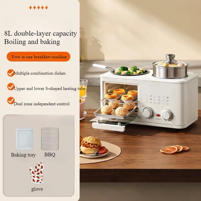 Machine à petit-déjeuner électrique domestique multifonctionnelle 4 en 1 Grille-pain Poêle Mini four Machine à pain et à pizza Cuiseur vapeur Bouilloire