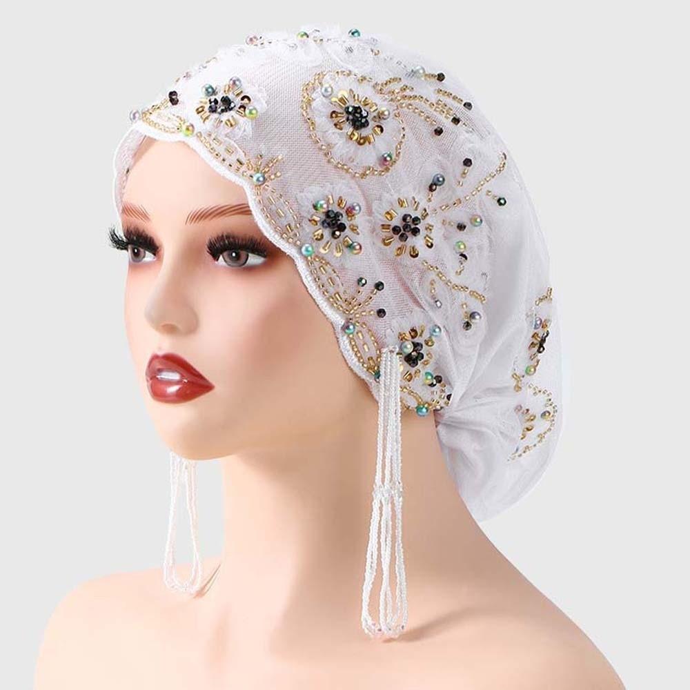 Flower Embroidery Turban Hat Shiny Beads Indian Headscarf Fishtail Cap Ethnic Festival Style 5
