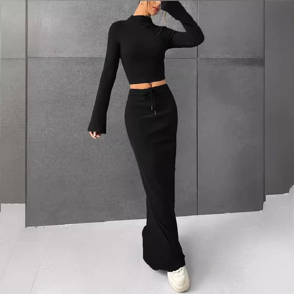 Women's skirt set solid color long sleeve round neck T-shirt long skirt two-piece set