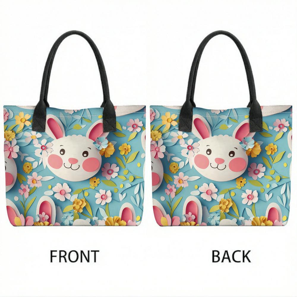 Cute Rabbit Floral Print Canvas Tote Bag Casual Large Capacity Daily Shopping Shoulder Bag for Women Girls