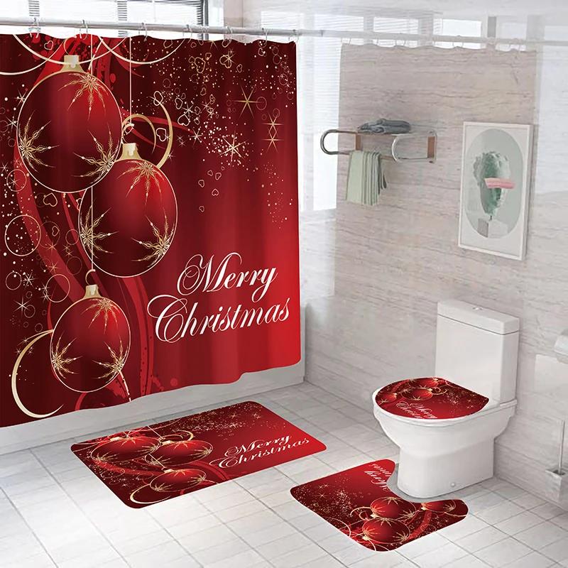 New Christmas Ball Shower Curtain Set Christmas Bath Mat Set Carpet Toilet Cover Bath Mat Room Set Decoration Non-Slip Carpet