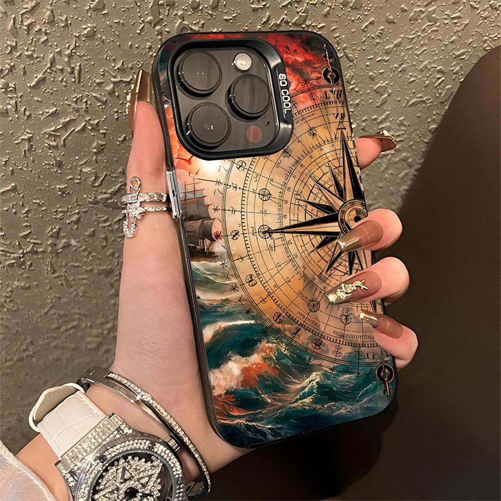 Wood Compass Clock Art Phone Case For iPhone 16,15,14,13,12,11,Pro,Max,Plus,Mini,XS,SE Anti Fall Black Matte Hard Bumper