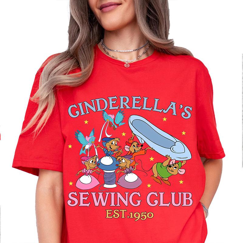 Disney Cinderellas Sewing Club Est 1950 Print Womens Tshirt Cotton Short Sleeve Casual Top Loose Clothing S