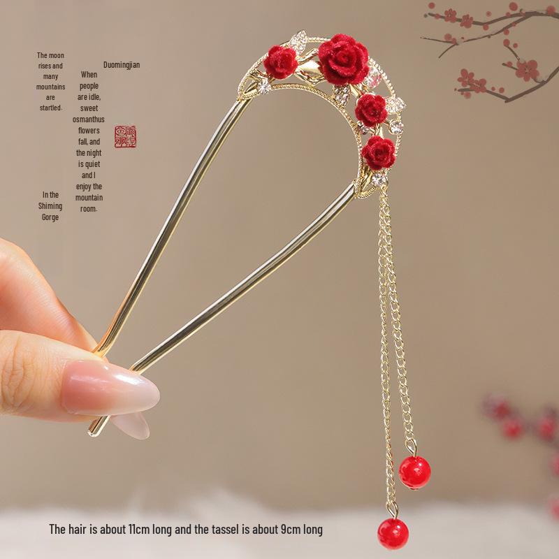

Шпилька для волосся з червоною квіткою та китицею в китайському стилі для жінок