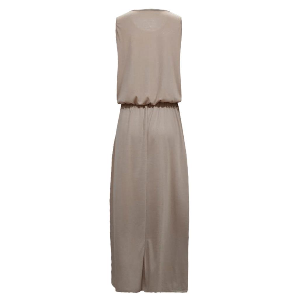 Fashion Womens Solid Color Round Neck Sleeveless High Waist Split Dress