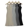 U-neck low-cut button-fitting dress, long dress, pure lust, Spice Girl sleeveless hip-wrapped skirt, slim bottom vest skirt