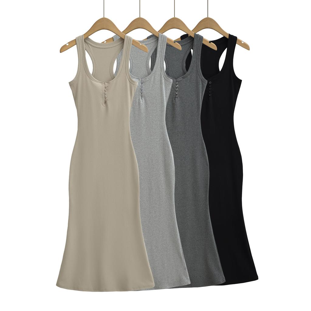 U-neck low-cut button-fitting dress, long dress, pure lust, Spice Girl sleeveless hip-wrapped skirt, slim bottom vest skirt