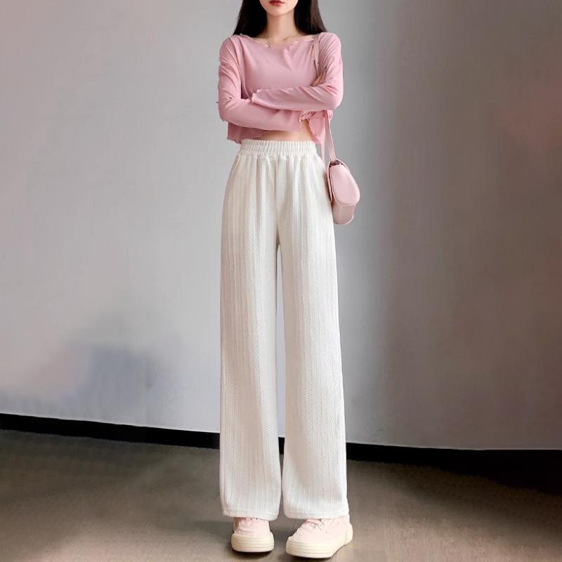 Women's White High Waist Wide-Leg Pants - Spring/Fall/Winter Slimming Knit with Wheat Ear Design.