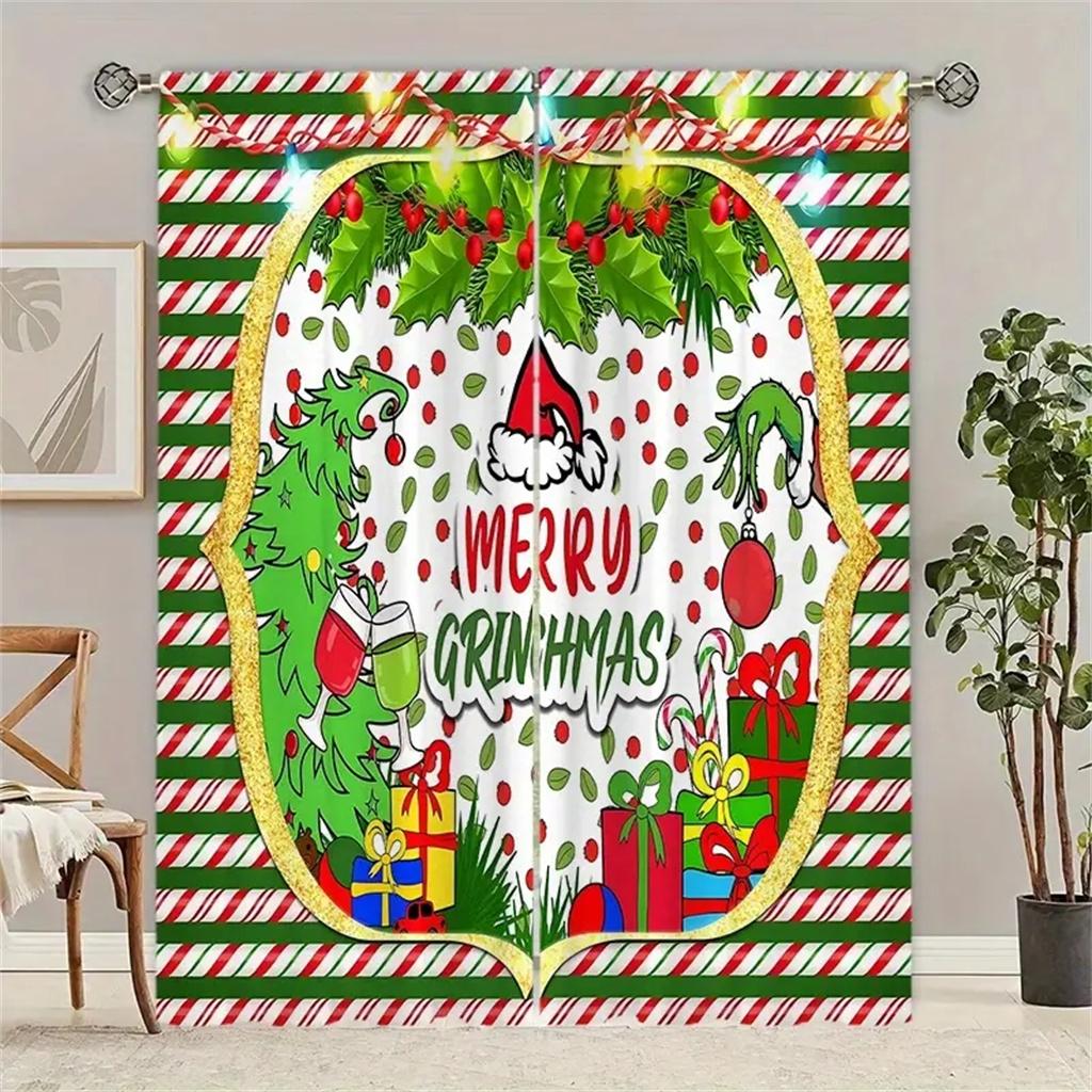 2pcs Christmas Tree Red Christmas Curtains Polyester, Rod Pocket Design for Living Room Bedroom Kitchen Decor -Machine Washable