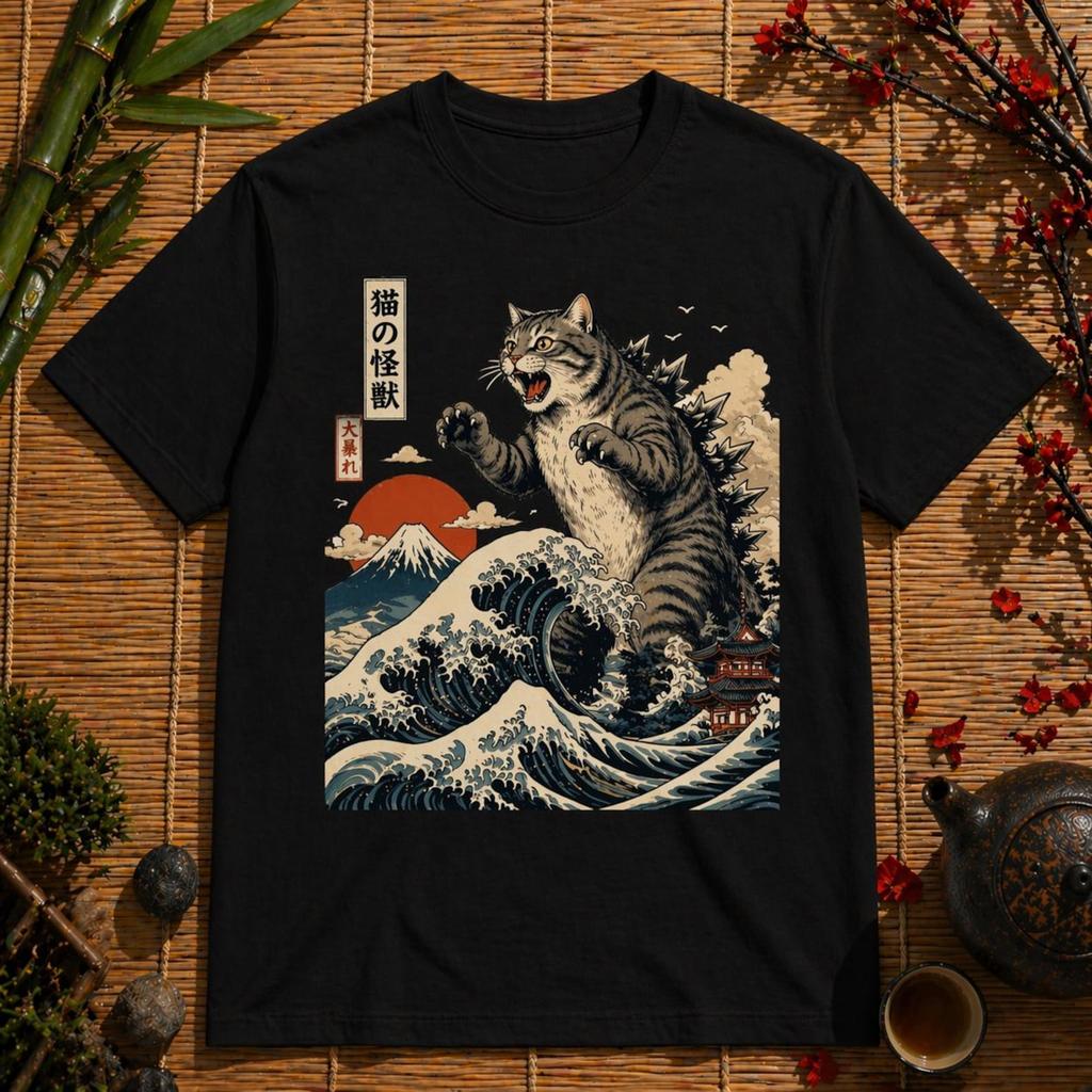 Kaiju Cat Wave Tee – Japanese Ukiyo Style Graphic Shirt
