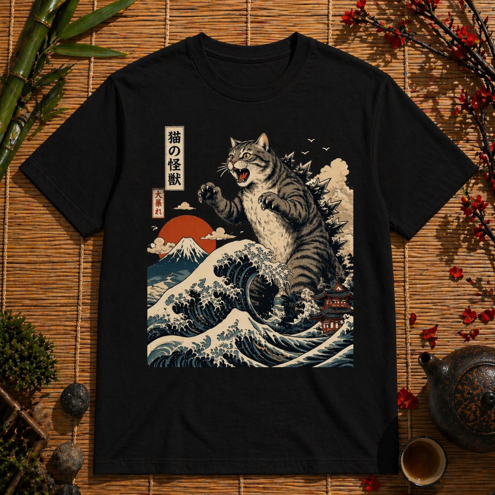 Kaiju Cat Wave Tee – Japanese Ukiyo Style Graphic Shirt S