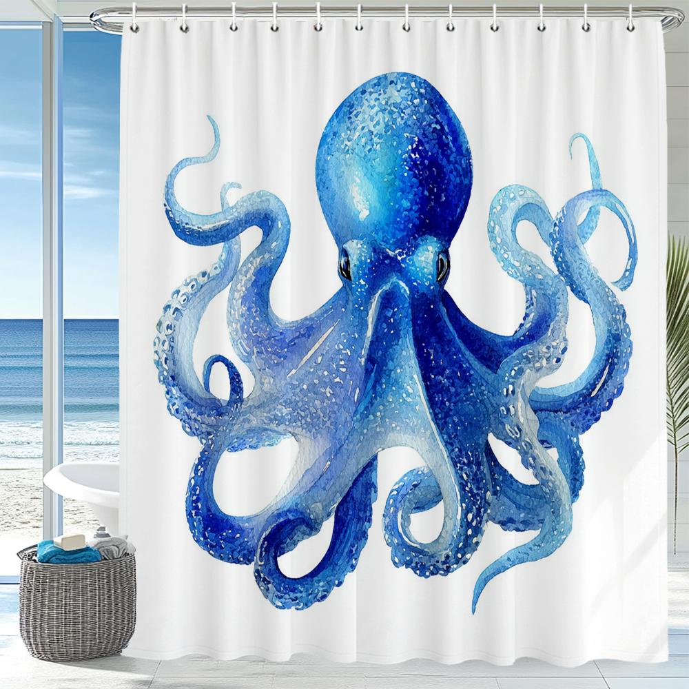 1Pc Octopus Shower Curtain Beach Blue Octopus Design Bathroom Decorative Printed Polyester Bath Curtain With Hooks