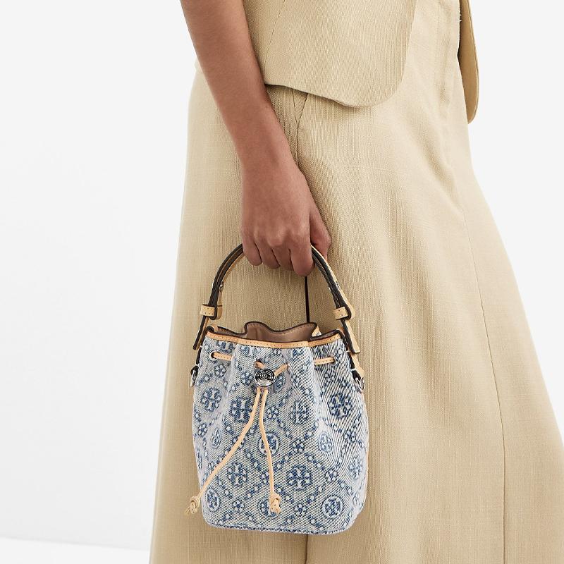 Tory Burch T Monogram Removable Shoulder Strap Fabric Bucket Bag Mini Women Bags Powder-Blue 167761-400