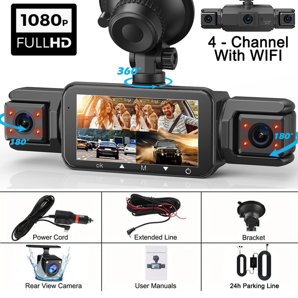 360° Dashcam Car Camera Recording Wifi Wireless Webcam Way Video Recorder 1080P 24 Parking 4 Channel Car Black Box
