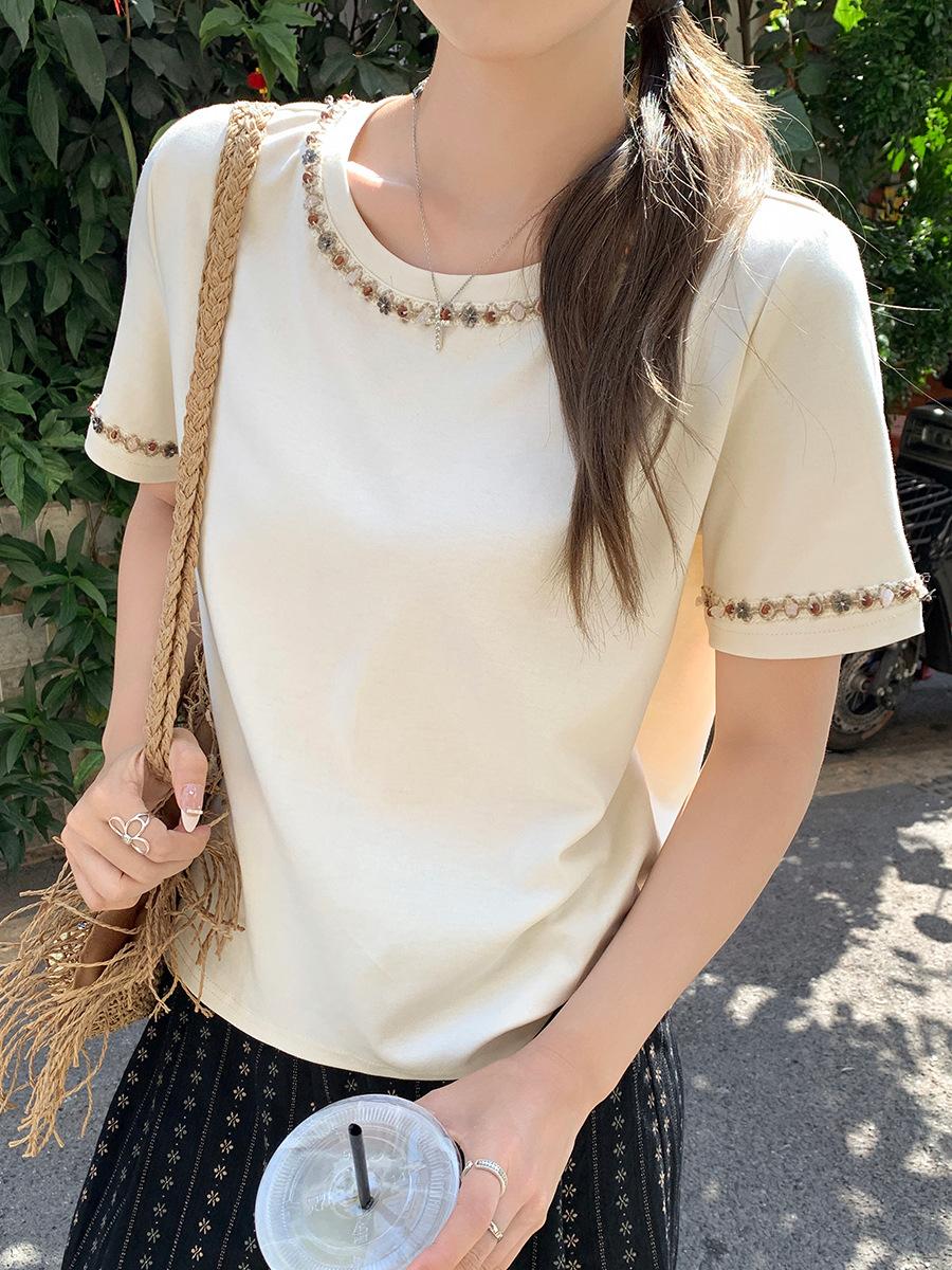 

Niche design bead round neck short-sleeved T-shirt women s summer new casual simple solid color chic shoulder top S