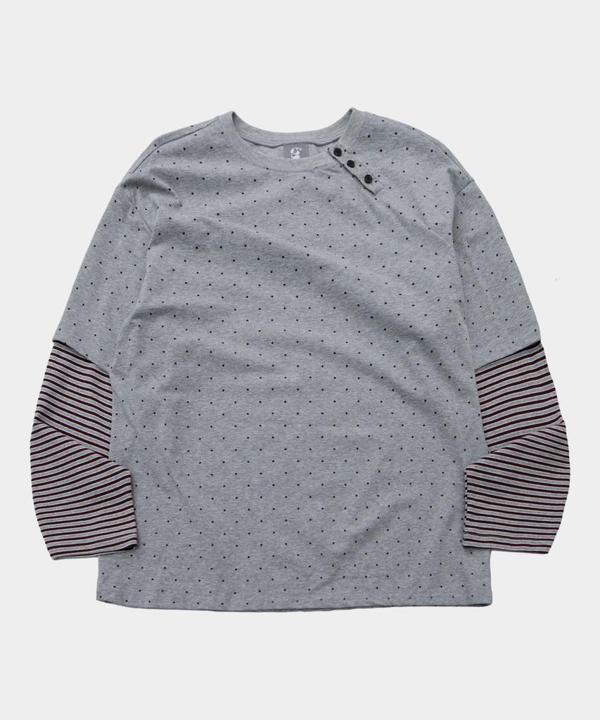 SOME PLACE Mini Dot Color Asymmetrical Stripe Two-Way Layered T-Shirt [Gray]