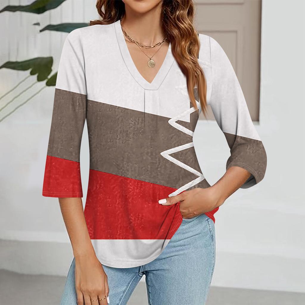 Women's V-neck Gradient Print Three-quarter Sleeve Fashion Top