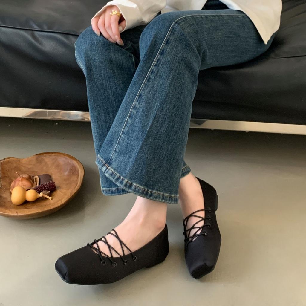 Extravagant satin temperament square head cross strap versatile ballet shoes spring and autumn versatile flat shoes