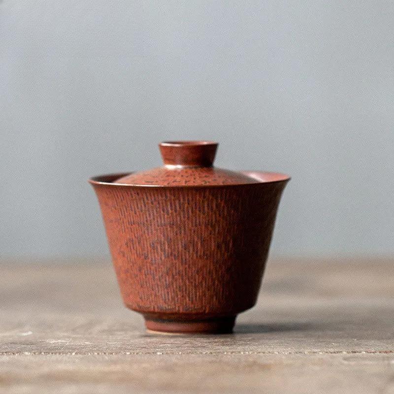 150ml Handmade Kiln Fambe Rusty Red Gaiwan Luxury Tea Tureen Tea Bowl With Lid Kit Tea Making Cover Bowl Drinkware Collection