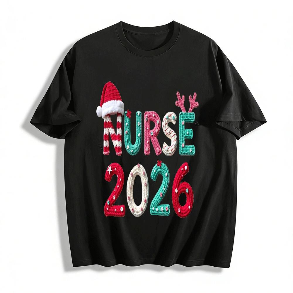 Christmas Themed Knit Style Nurse 2026 Print Casual Top Pure cotton T-shirt XXS