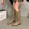Thick heel pleated long tube knight boots women's shoes 2025 new spring and autumn western thin medium tube long boots