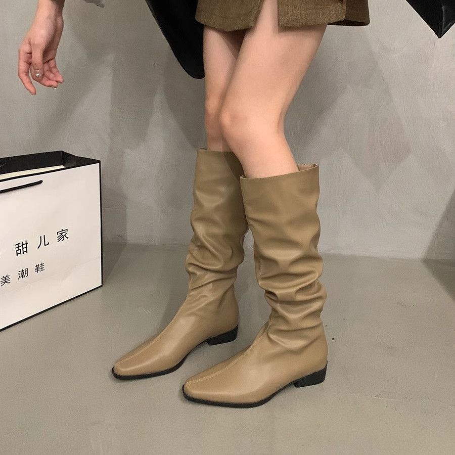Thick heel pleated long tube knight boots women's shoes 2025 new spring and autumn western thin medium tube long boots