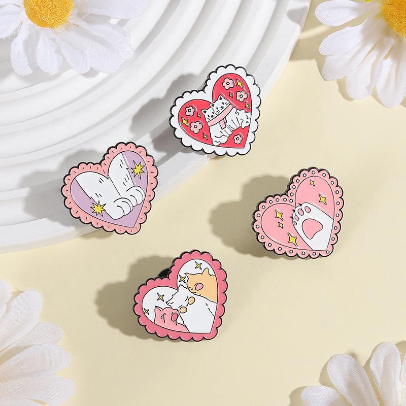 Cute Cat Heart Enamel Pins Custom Pink Cat's Paw Brooches Lapel Badges Clothes Animal Jewelry Gift for Kids Friends