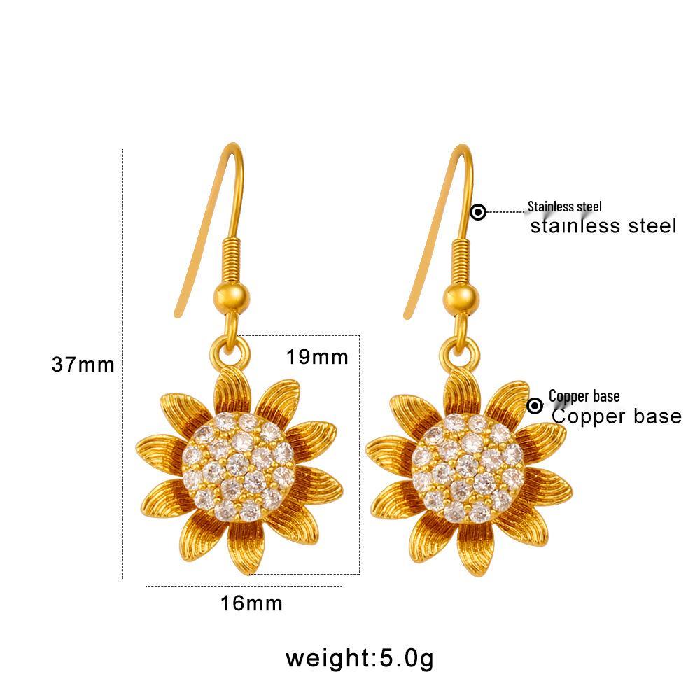 Summer Sunflower Rhinestone Heart Long Earrings with Stainless Steel & Copper Fittings
