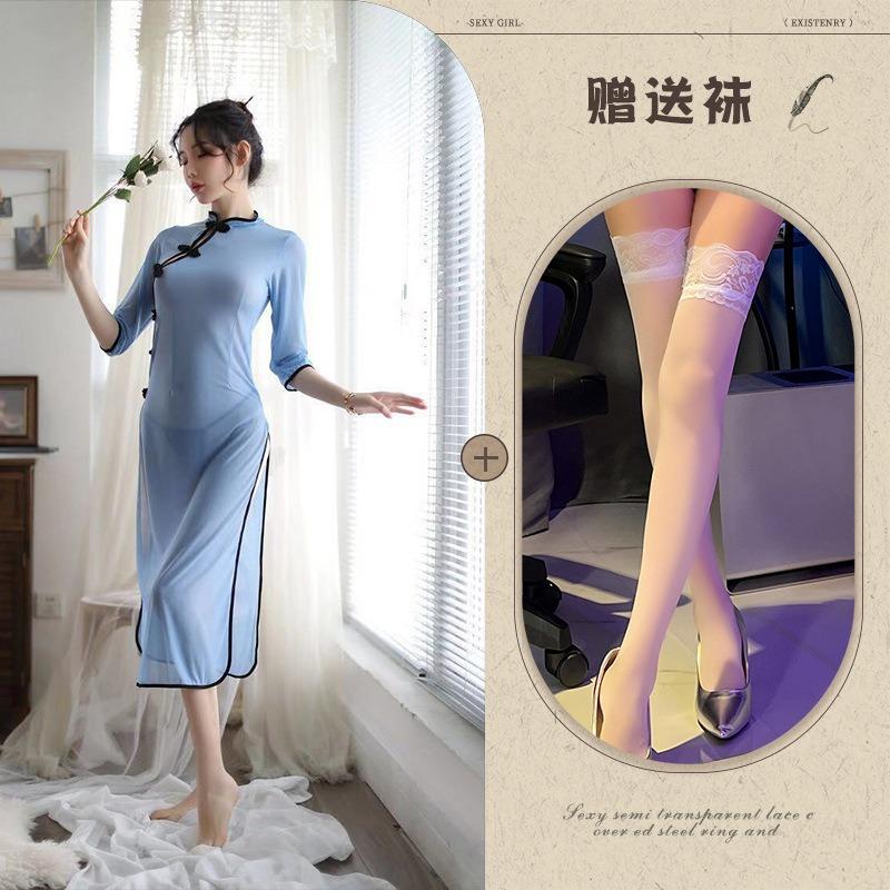 Sex underwear pajamas women's perspective side fork clothing sexy cheongsam nightdress new