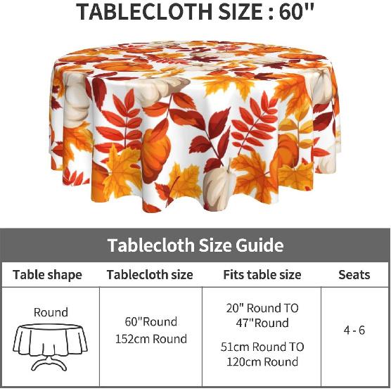 Fall Round Tablecloth 60 Inch Thanksgiving Harvest Autumn Pumpkin Fallen Leaves Maple Leaf Print Decorative Table Cloth Holiday Decorations Seasonal