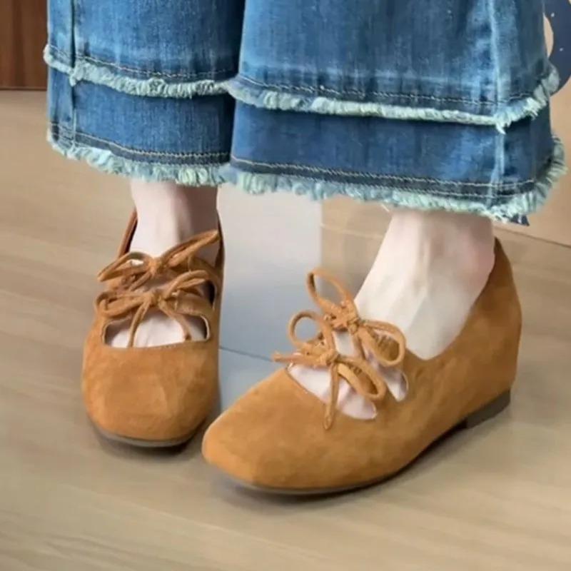 Women's Increasing Ballet Flats Lace Up Gladiator Faux Suede Casual Shoes Double Bow Mary Janes Shoes for Female 2025 New 1903
