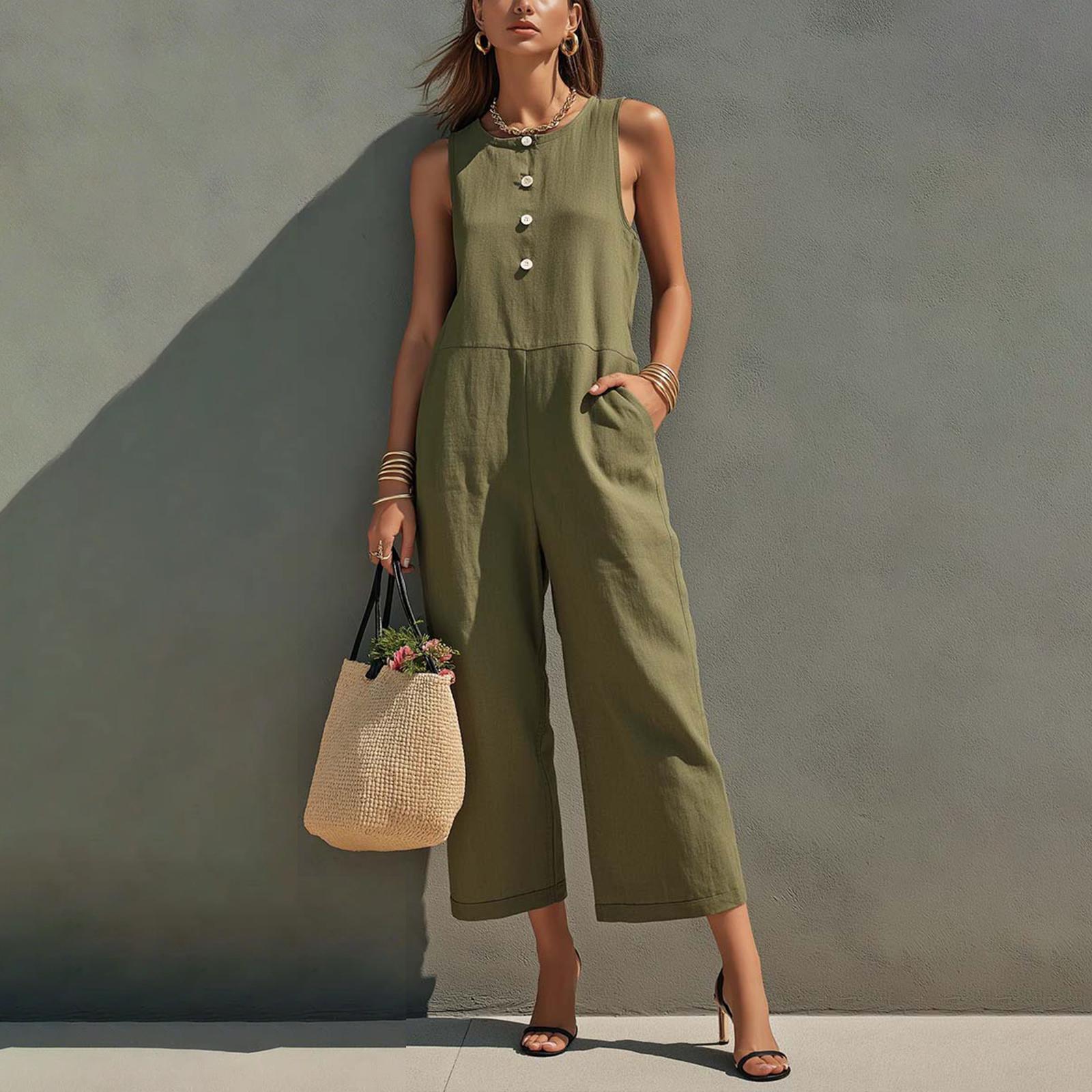 

Women s Fashionable Round Neck Button Sleeveless Pocket Casual Retro Wide Leg Seven Part Jumpsuit L армия зеленый